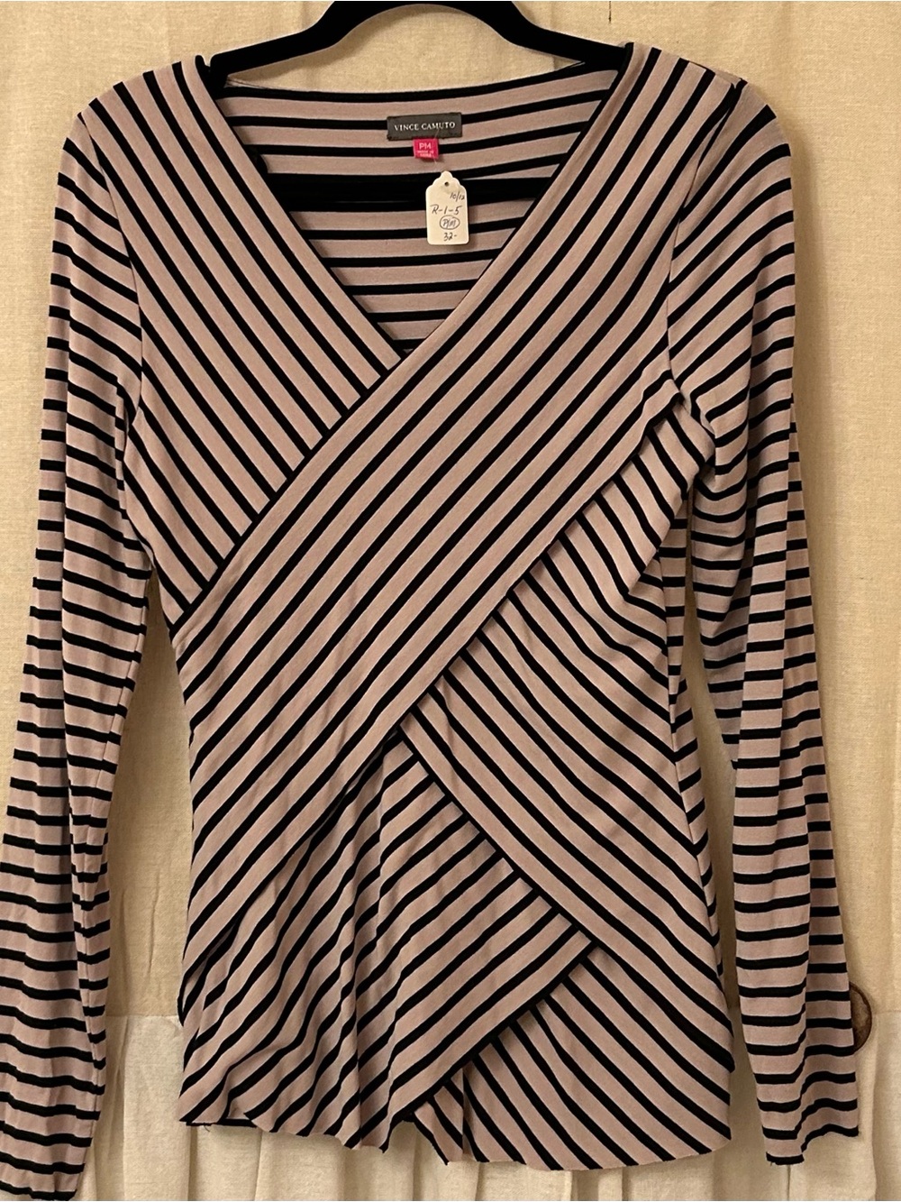 Vince Camuto Taupe and Black Striped Wrap-Front Long Sleeve Top
